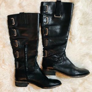 Arturo Chiang Distressed Riding Boots, Black with buckle detail, Size 6.5